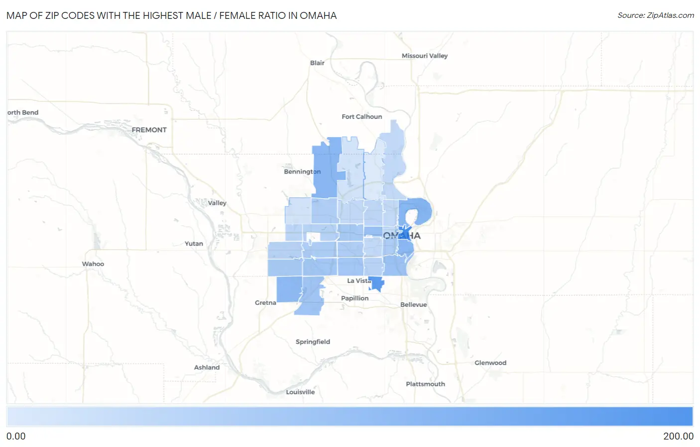 Zip Codes with the Highest Male / Female Ratio in Omaha Map
