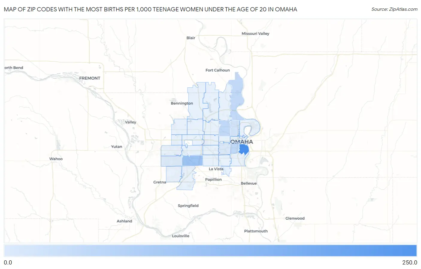 Zip Codes with the Most Births per 1,000 Teenage Women Under the Age of 20 in Omaha Map