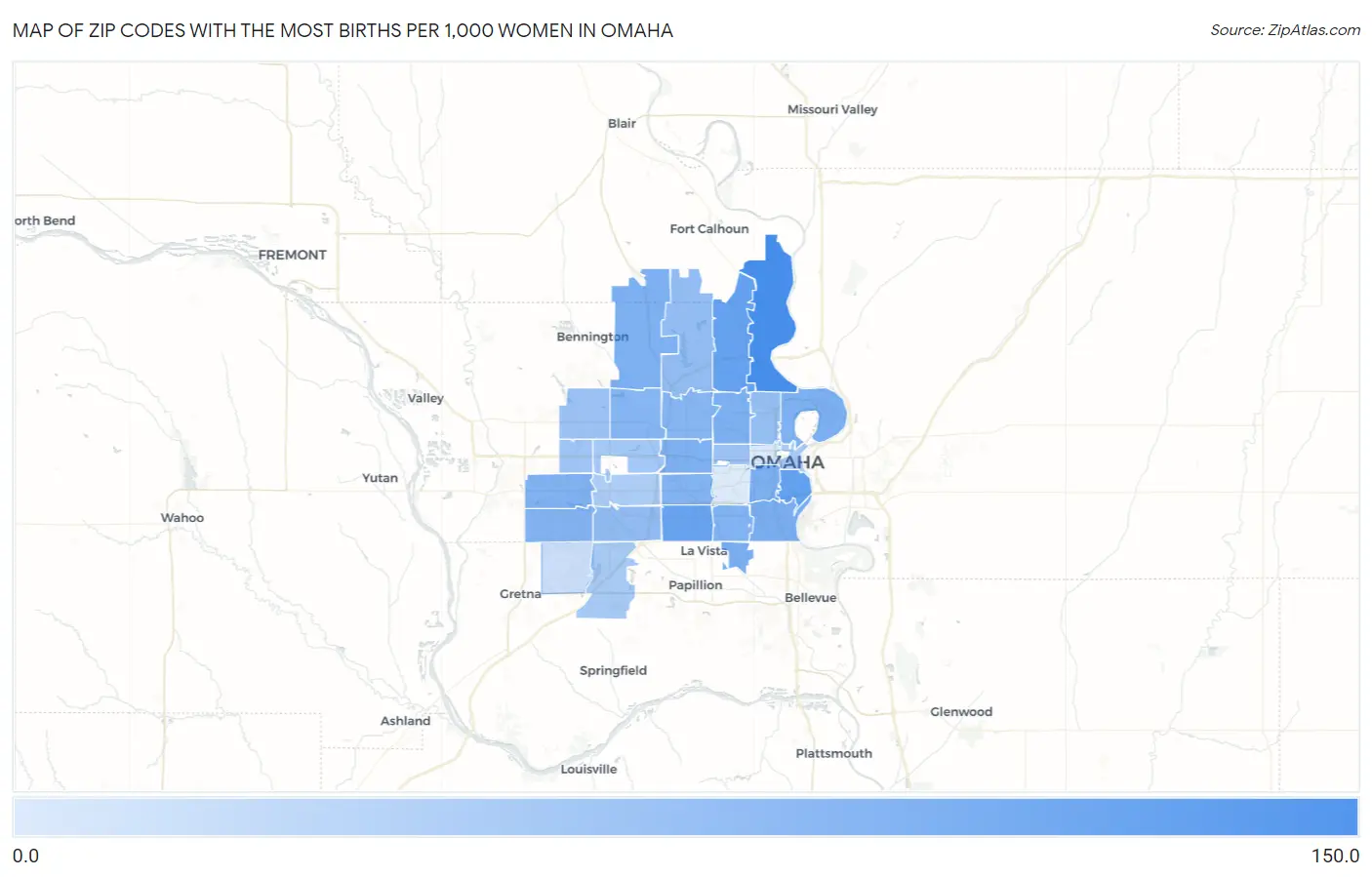 Zip Codes with the Most Births per 1,000 Women in Omaha Map