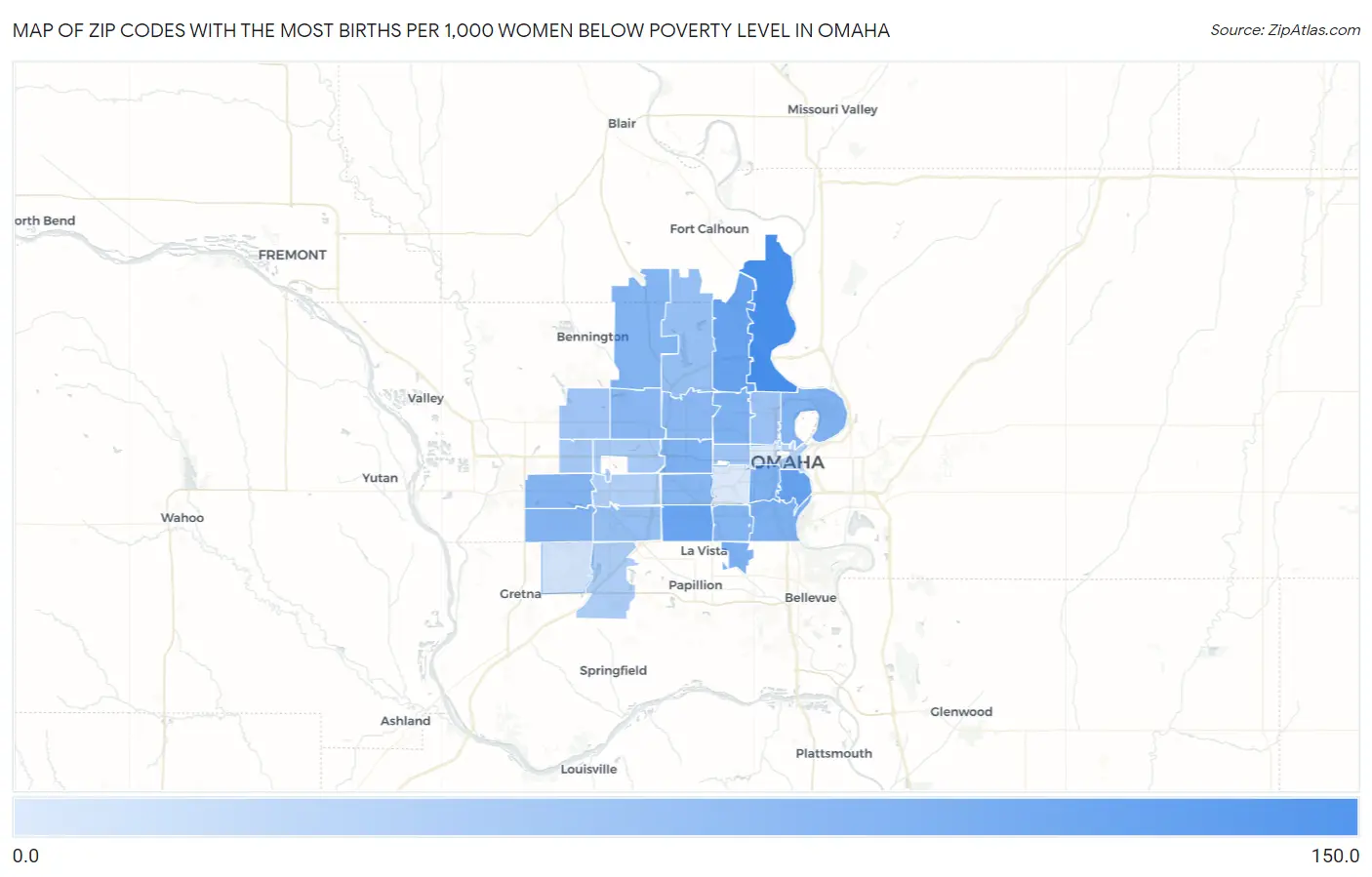 Zip Codes with the Most Births per 1,000 Women Below Poverty Level in Omaha Map