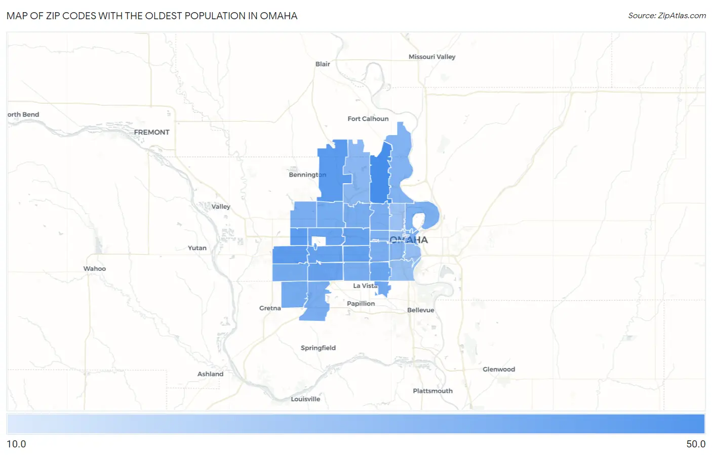 Zip Codes with the Oldest Population in Omaha Map