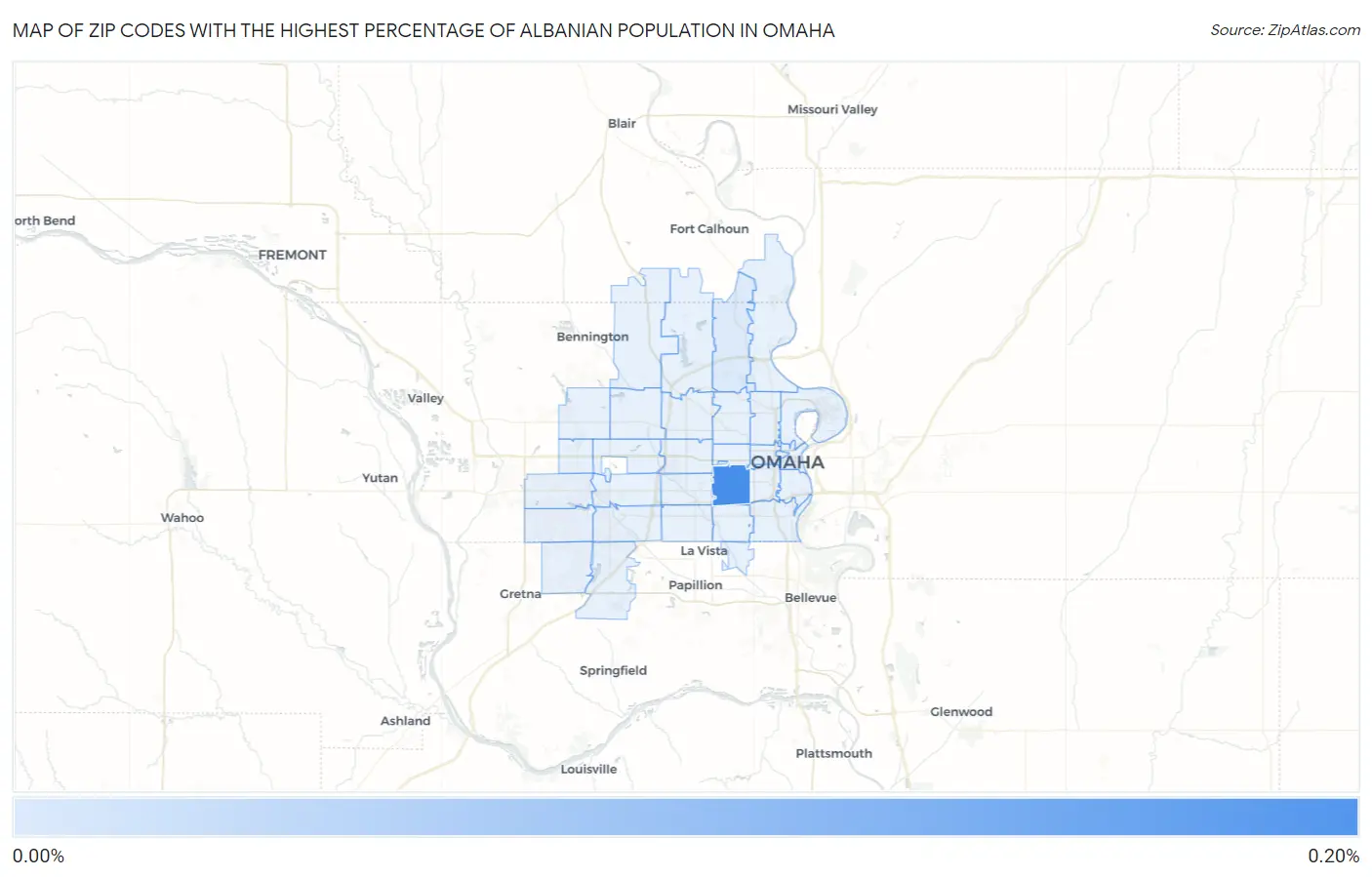 Zip Codes with the Highest Percentage of Albanian Population in Omaha Map