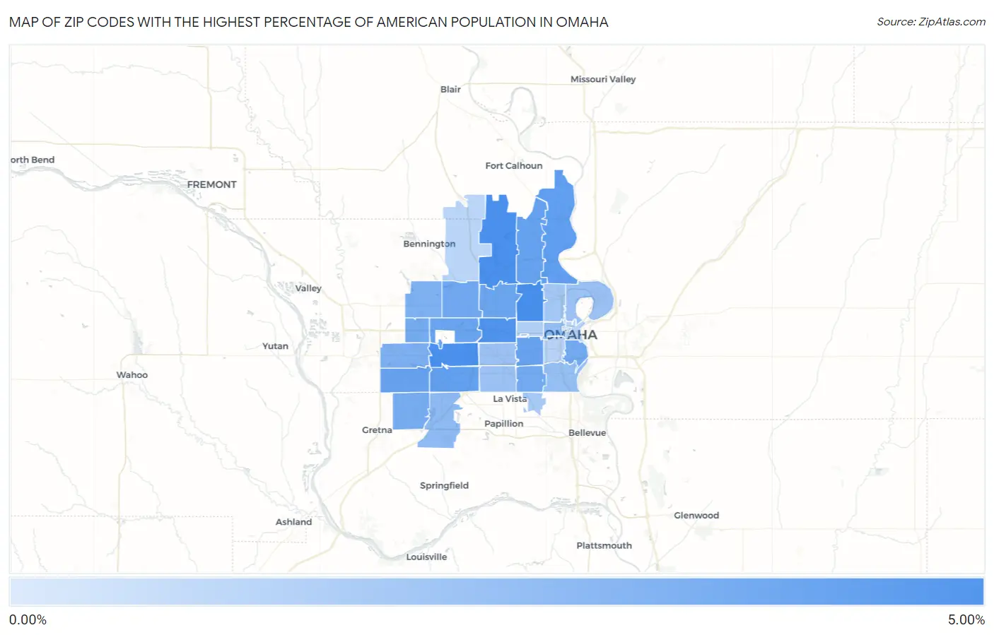 Zip Codes with the Highest Percentage of American Population in Omaha Map