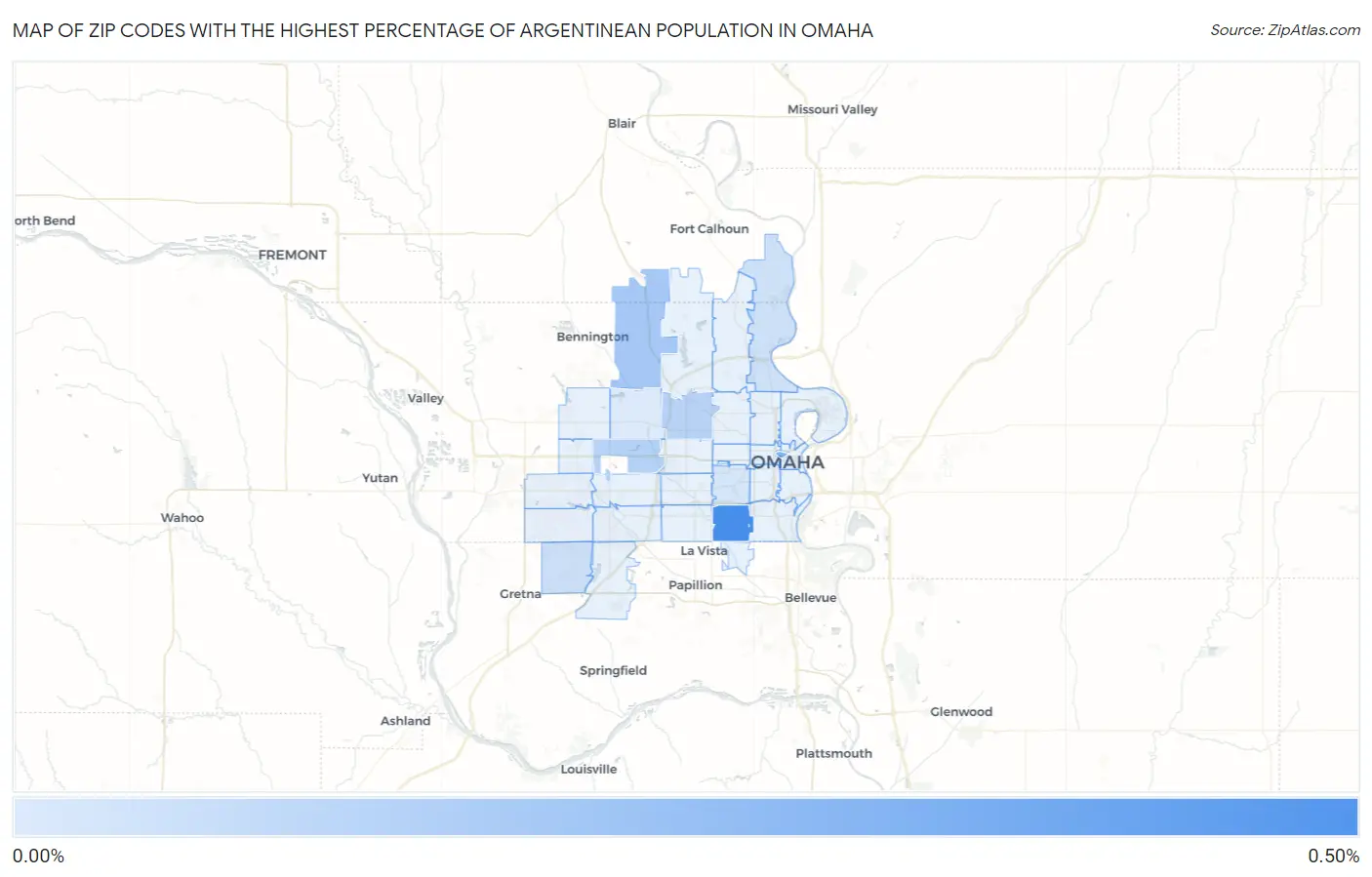 Zip Codes with the Highest Percentage of Argentinean Population in Omaha Map