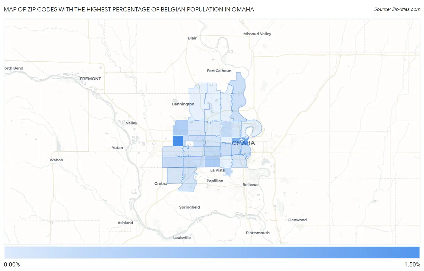 Zip Codes with the Highest Percentage of Belgian Population in Omaha Map