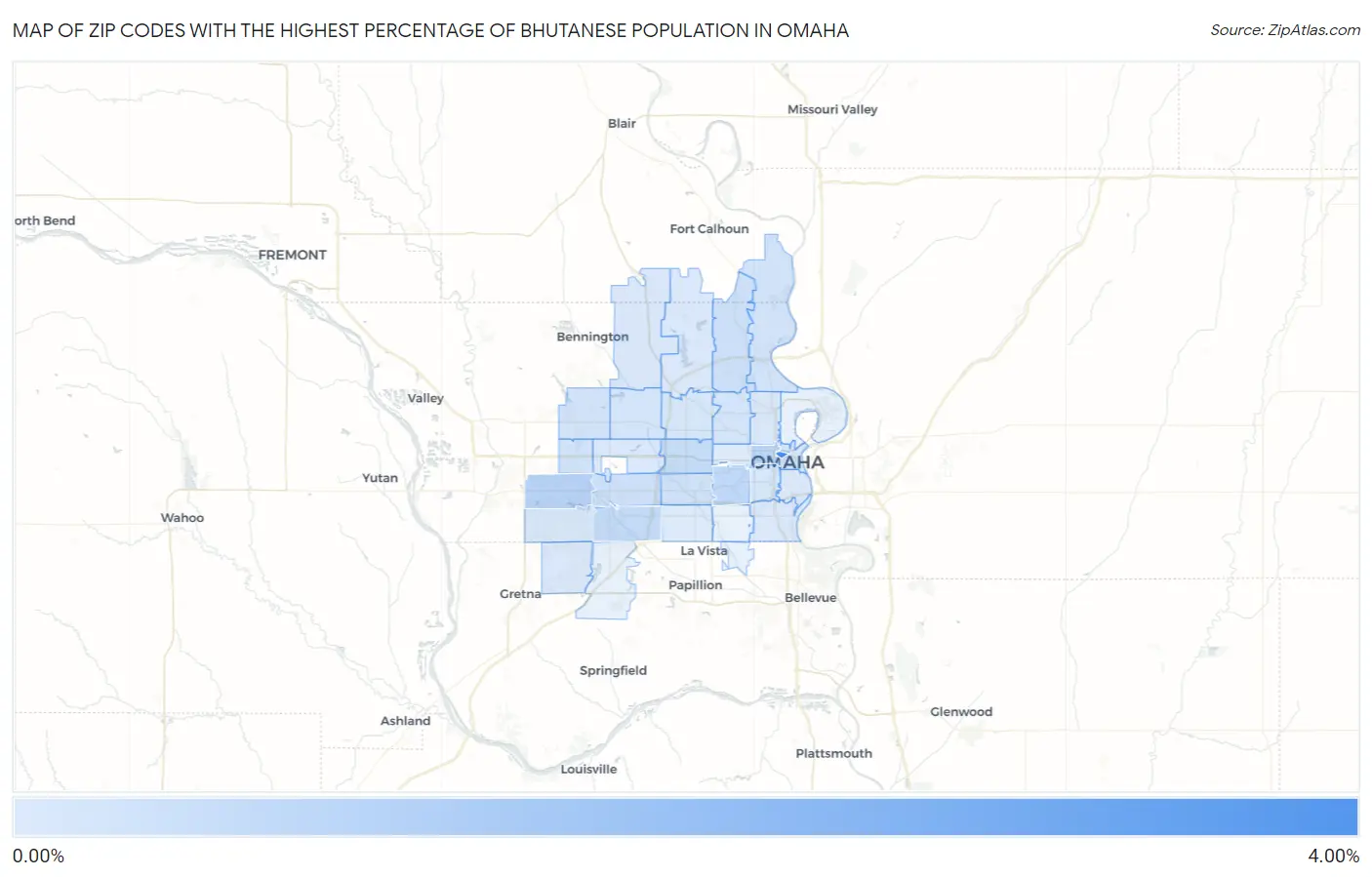 Zip Codes with the Highest Percentage of Bhutanese Population in Omaha Map