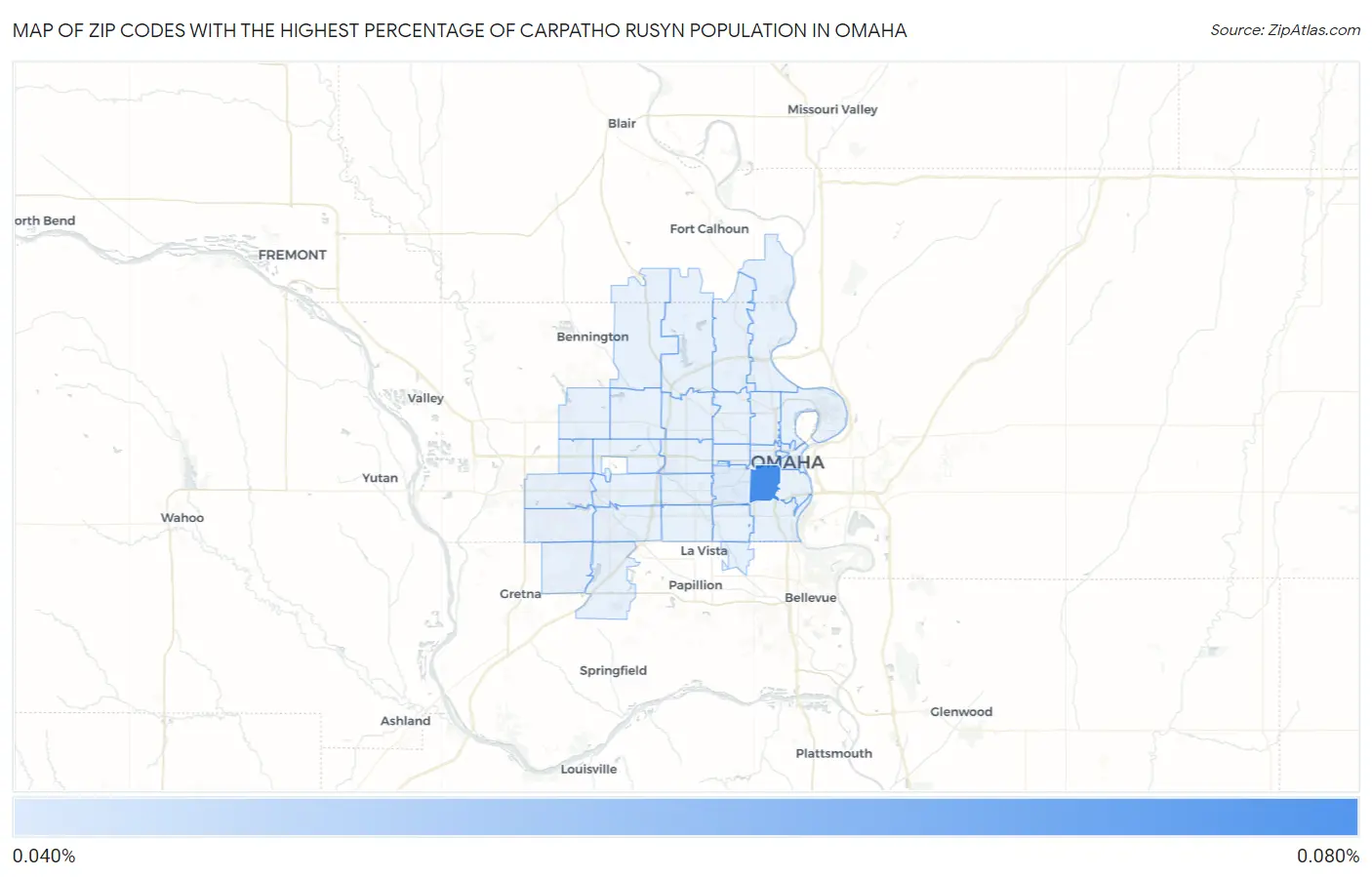 Zip Codes with the Highest Percentage of Carpatho Rusyn Population in Omaha Map