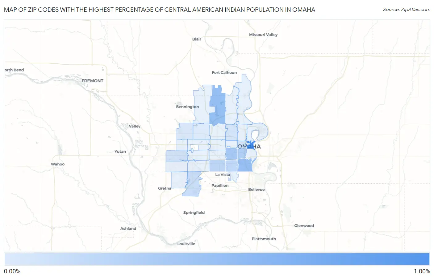 Zip Codes with the Highest Percentage of Central American Indian Population in Omaha Map