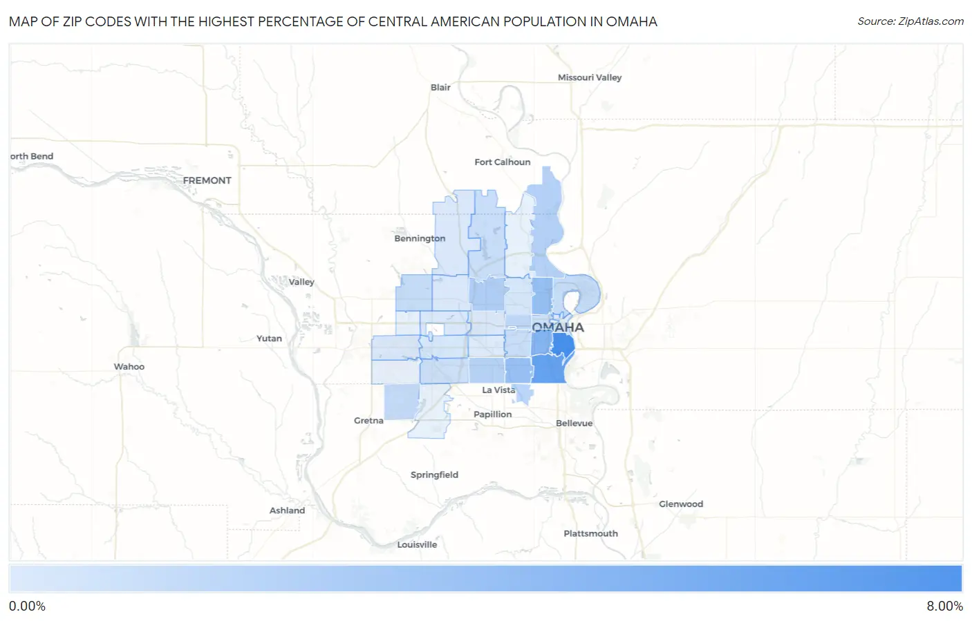 Zip Codes with the Highest Percentage of Central American Population in Omaha Map