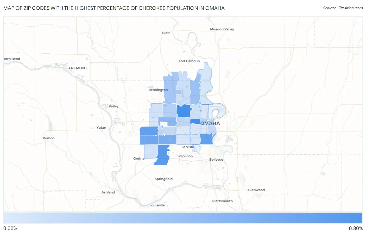 Zip Codes with the Highest Percentage of Cherokee Population in Omaha Map