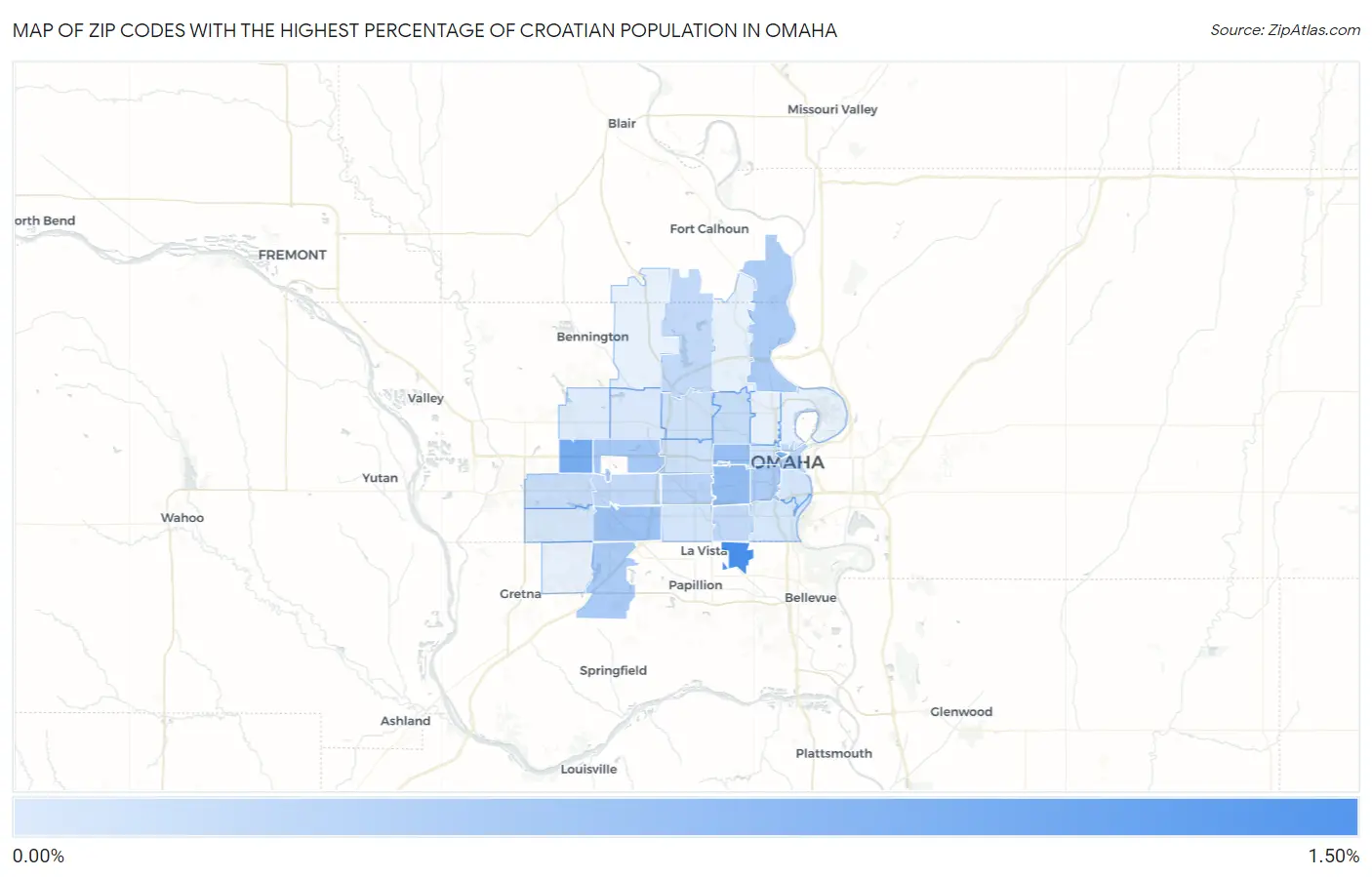 Zip Codes with the Highest Percentage of Croatian Population in Omaha Map