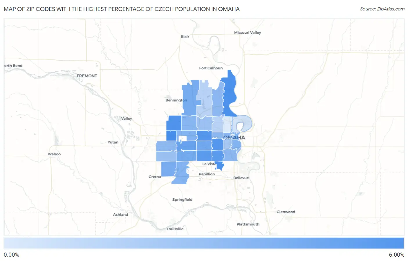 Zip Codes with the Highest Percentage of Czech Population in Omaha Map