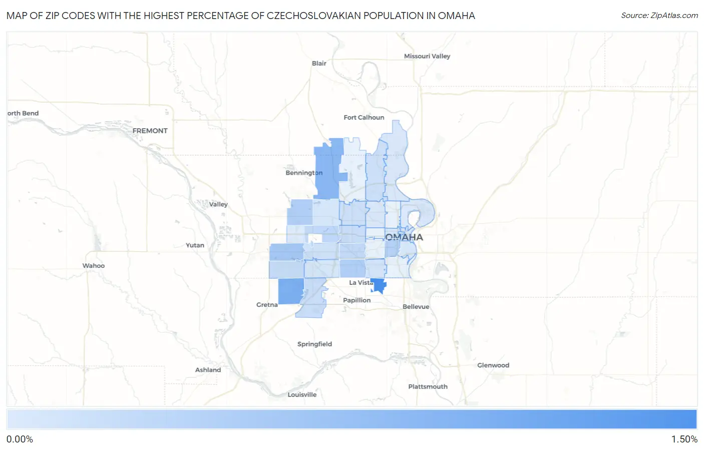Zip Codes with the Highest Percentage of Czechoslovakian Population in Omaha Map