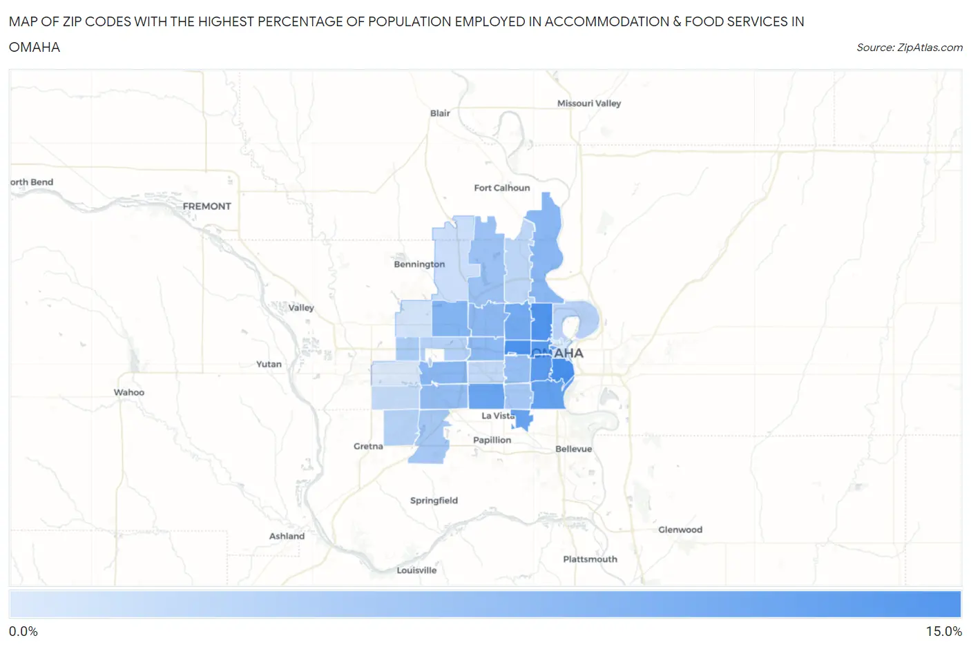 Zip Codes with the Highest Percentage of Population Employed in Accommodation & Food Services in Omaha Map