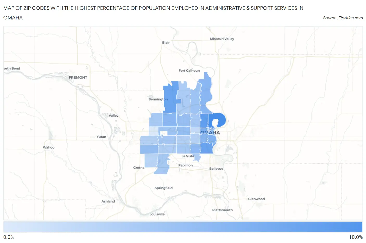 Zip Codes with the Highest Percentage of Population Employed in Administrative & Support Services in Omaha Map
