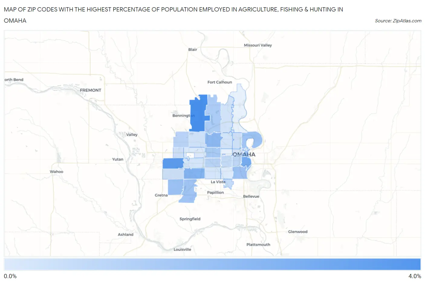 Zip Codes with the Highest Percentage of Population Employed in Agriculture, Fishing & Hunting in Omaha Map