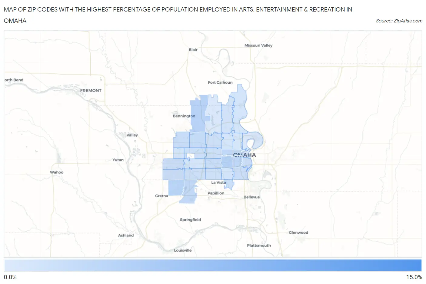Zip Codes with the Highest Percentage of Population Employed in Arts, Entertainment & Recreation in Omaha Map