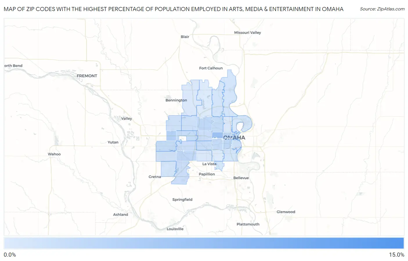Zip Codes with the Highest Percentage of Population Employed in Arts, Media & Entertainment in Omaha Map