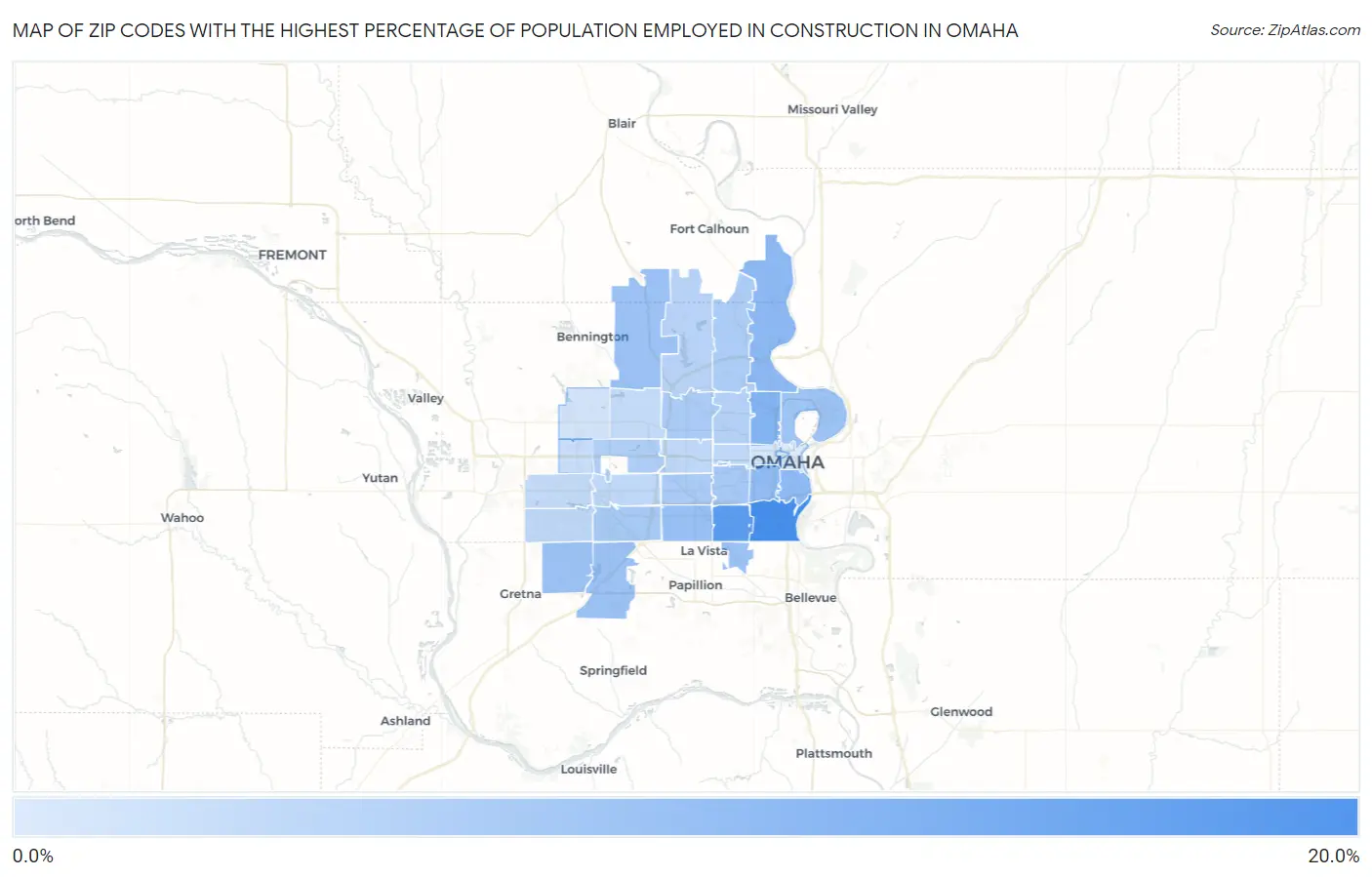 Zip Codes with the Highest Percentage of Population Employed in Construction in Omaha Map