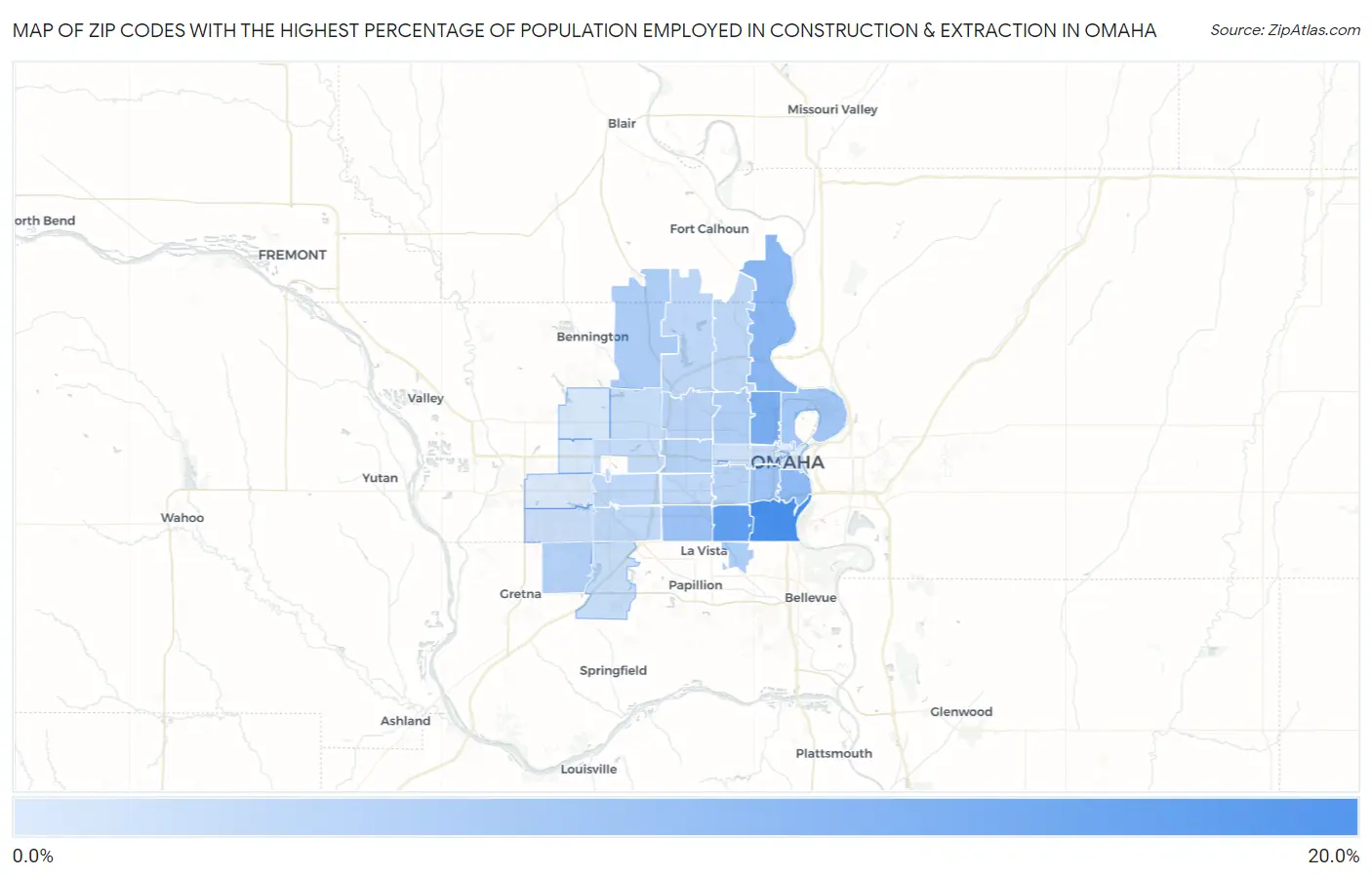Zip Codes with the Highest Percentage of Population Employed in Construction & Extraction in Omaha Map