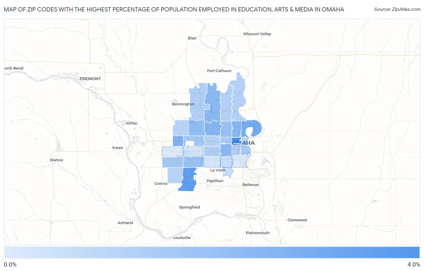 Zip Codes with the Highest Percentage of Population Employed in Education, Arts & Media in Omaha Map