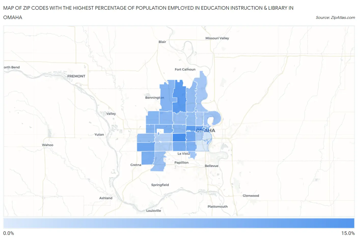 Zip Codes with the Highest Percentage of Population Employed in Education Instruction & Library in Omaha Map