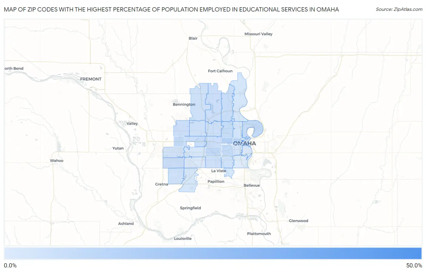 Zip Codes with the Highest Percentage of Population Employed in Educational Services in Omaha Map