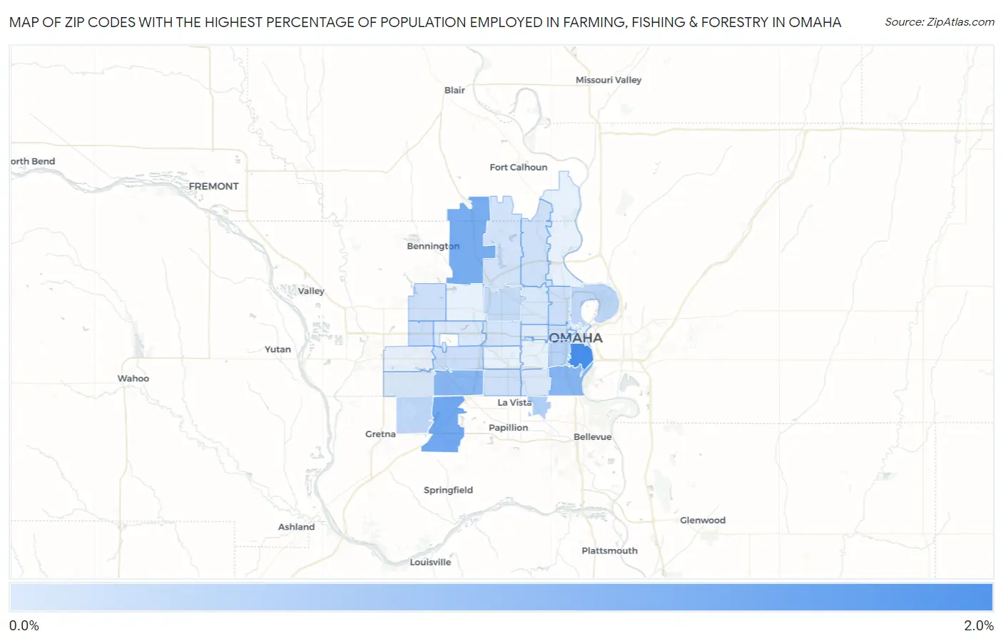Zip Codes with the Highest Percentage of Population Employed in Farming, Fishing & Forestry in Omaha Map