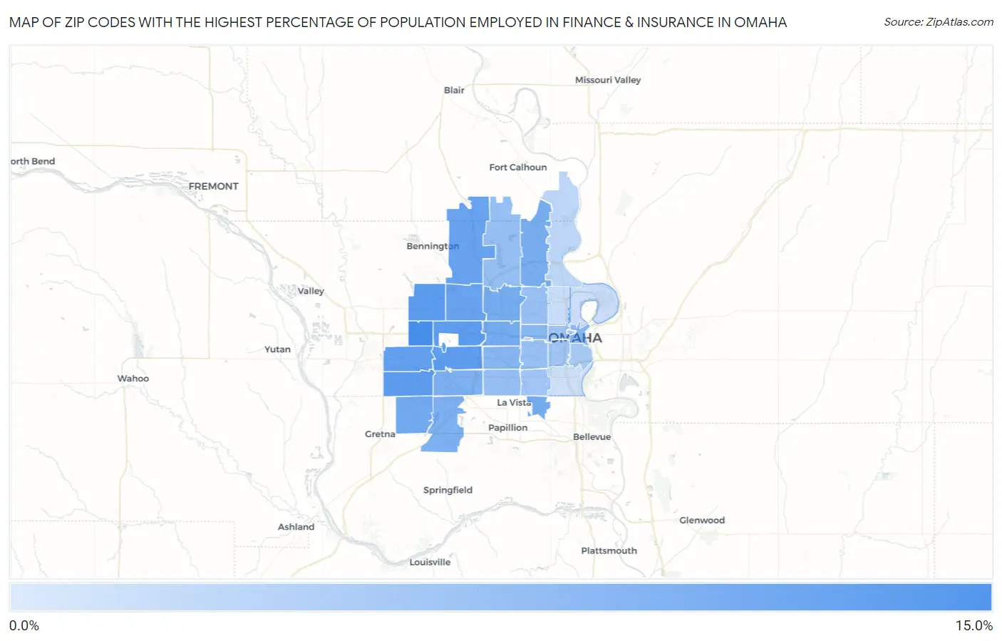 Zip Codes with the Highest Percentage of Population Employed in Finance & Insurance in Omaha Map