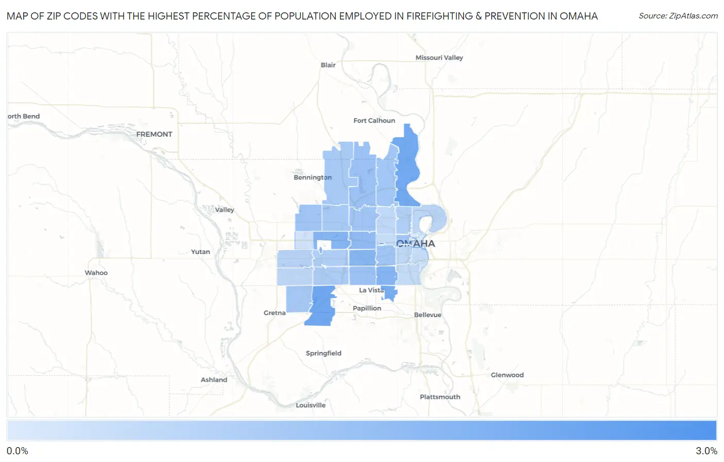 Zip Codes with the Highest Percentage of Population Employed in Firefighting & Prevention in Omaha Map