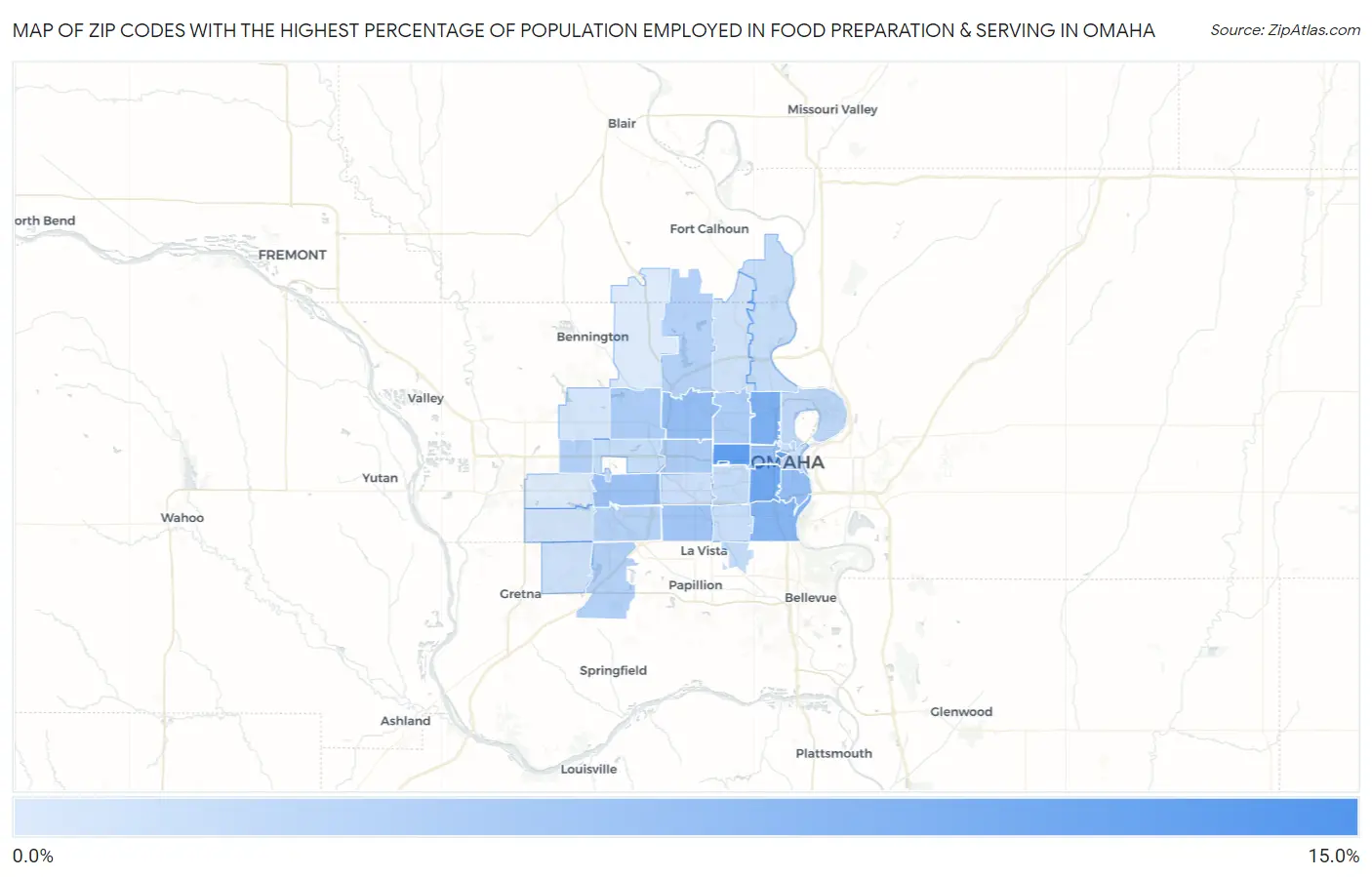 Zip Codes with the Highest Percentage of Population Employed in Food Preparation & Serving in Omaha Map