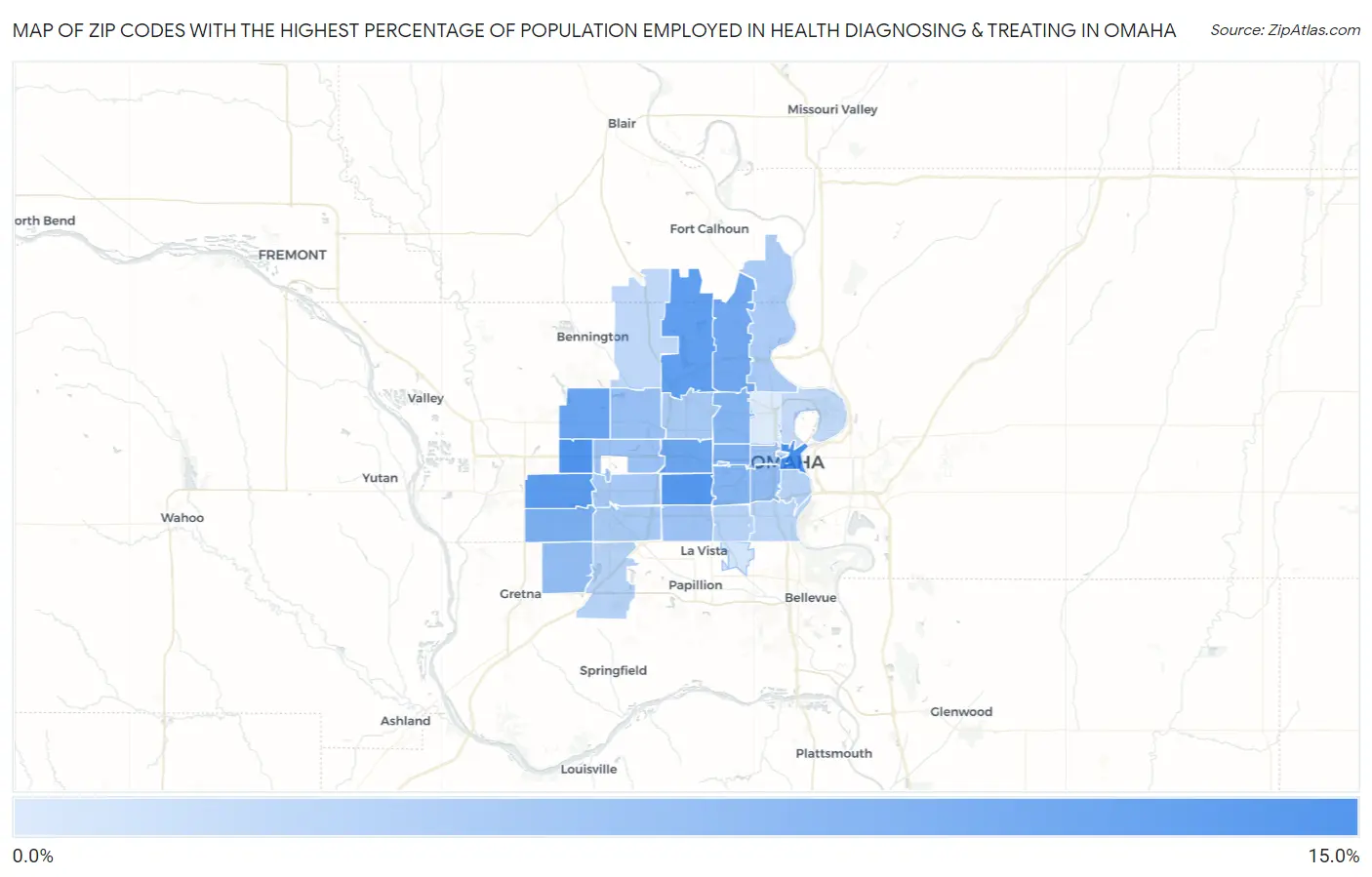 Zip Codes with the Highest Percentage of Population Employed in Health Diagnosing & Treating in Omaha Map