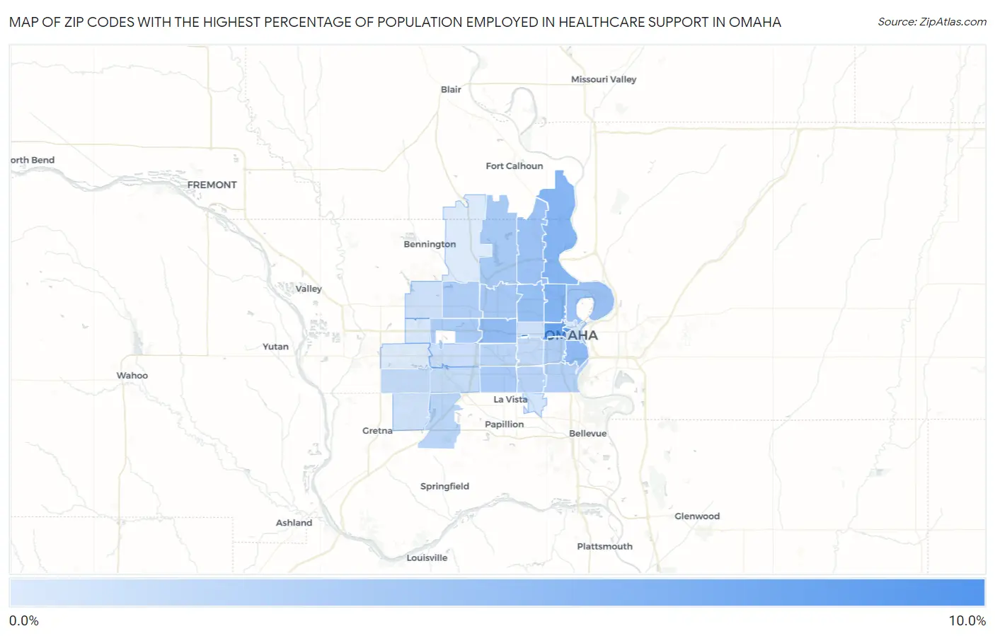 Zip Codes with the Highest Percentage of Population Employed in Healthcare Support in Omaha Map