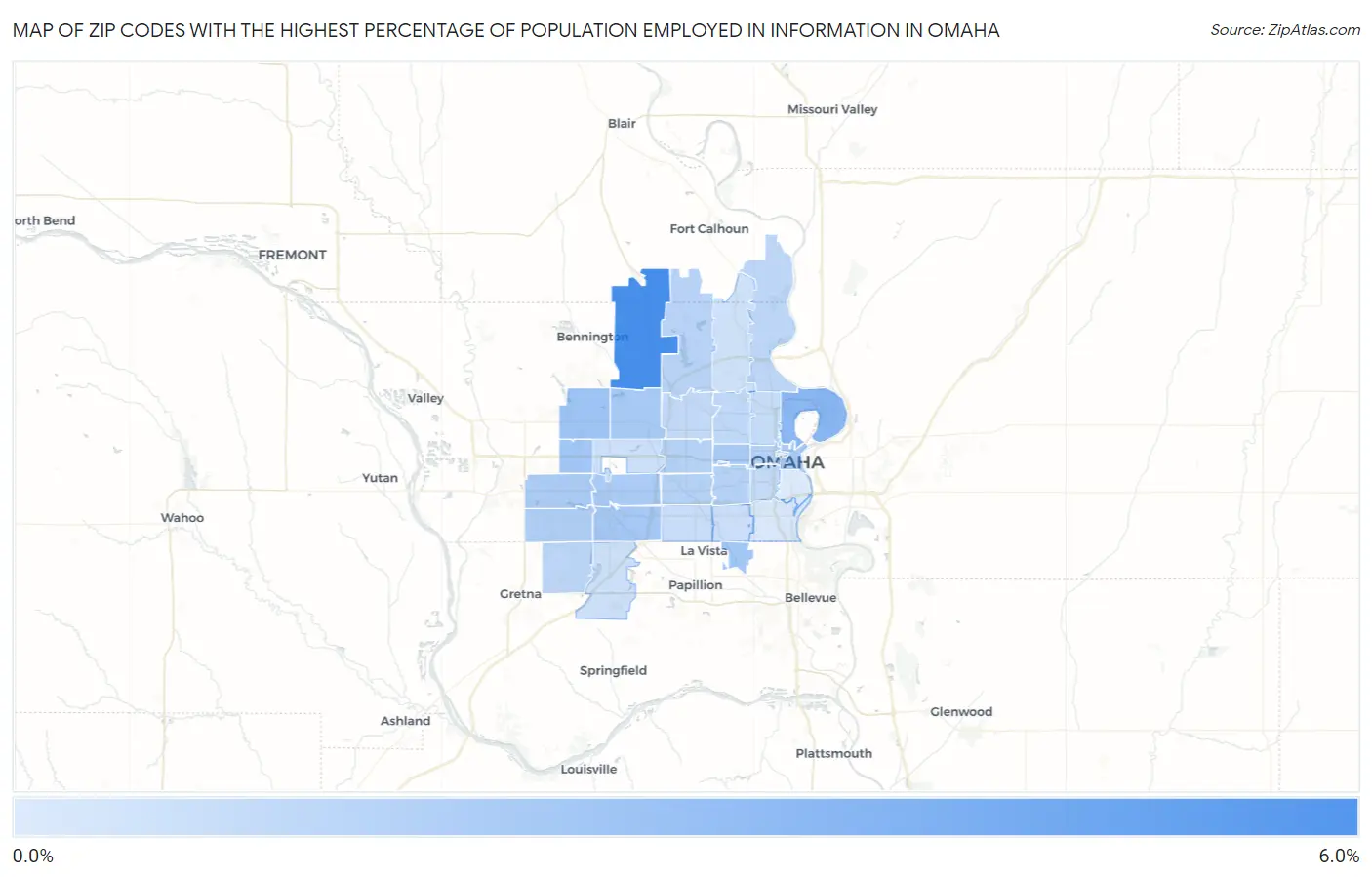 Zip Codes with the Highest Percentage of Population Employed in Information in Omaha Map