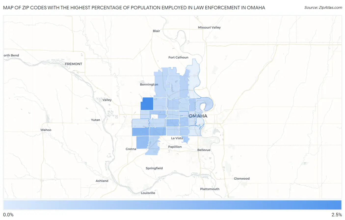 Zip Codes with the Highest Percentage of Population Employed in Law Enforcement in Omaha Map