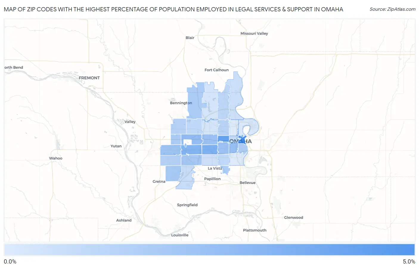 Zip Codes with the Highest Percentage of Population Employed in Legal Services & Support in Omaha Map