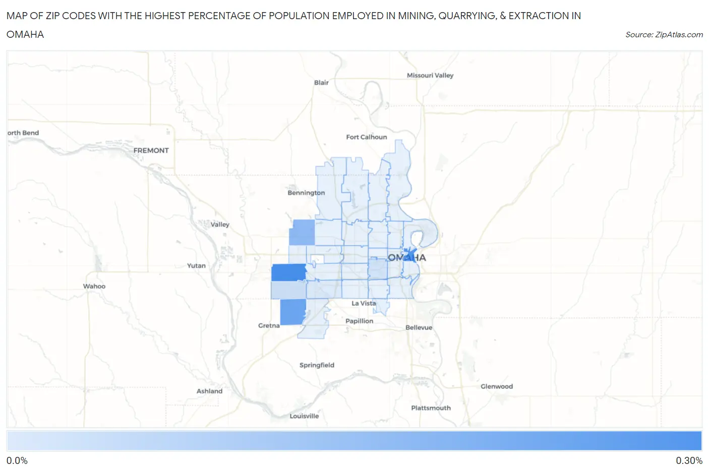 Zip Codes with the Highest Percentage of Population Employed in Mining, Quarrying, & Extraction in Omaha Map