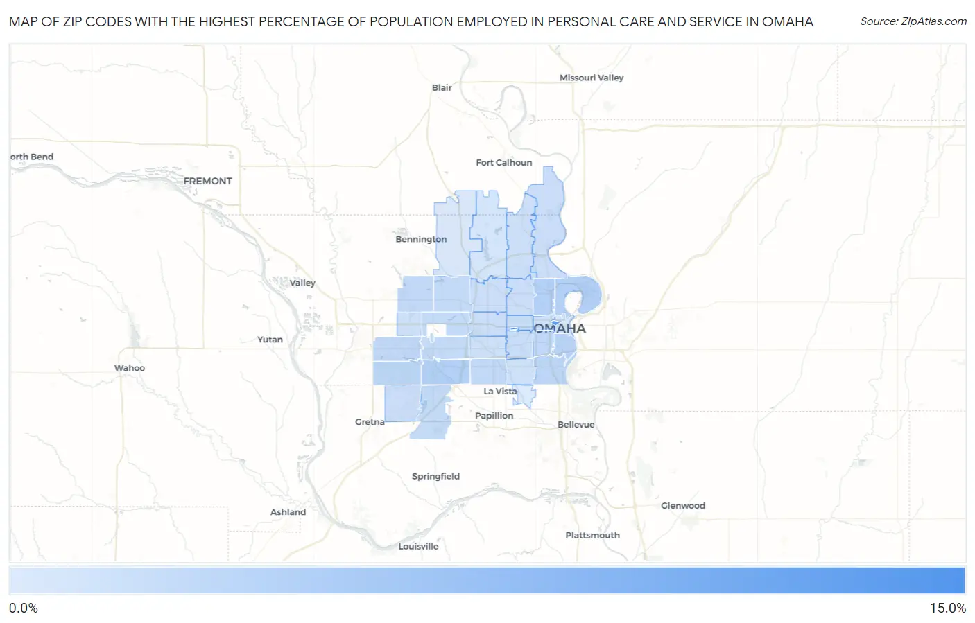 Zip Codes with the Highest Percentage of Population Employed in Personal Care and Service in Omaha Map