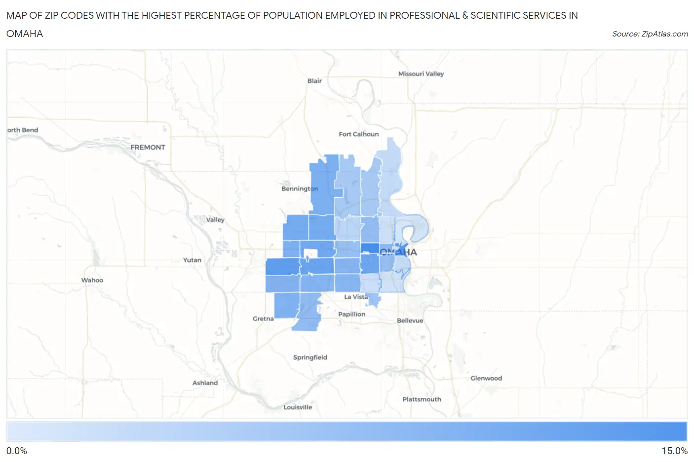 Zip Codes with the Highest Percentage of Population Employed in Professional & Scientific Services in Omaha Map