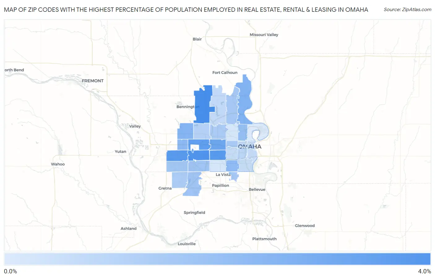 Zip Codes with the Highest Percentage of Population Employed in Real Estate, Rental & Leasing in Omaha Map