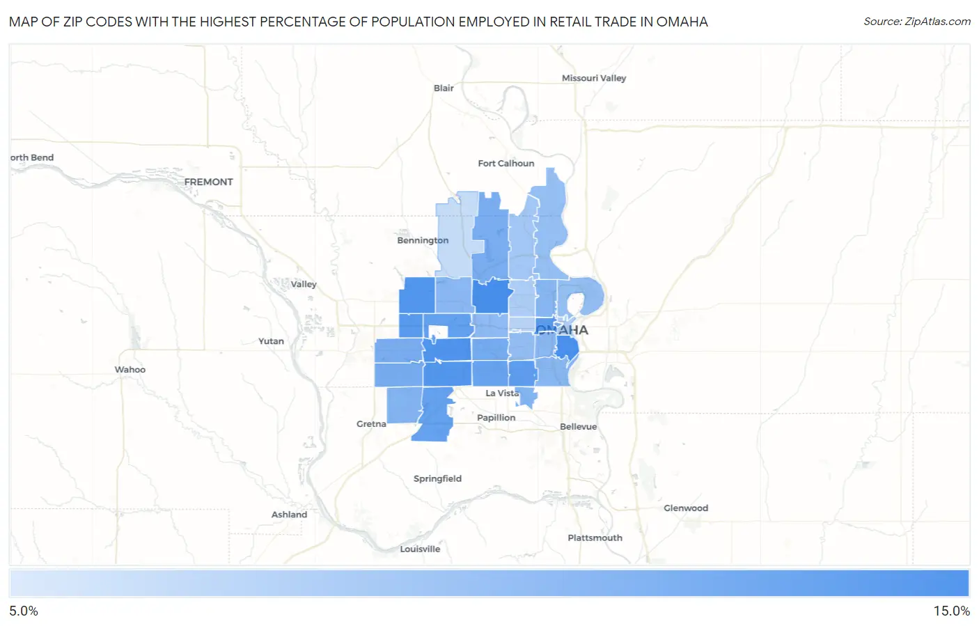 Zip Codes with the Highest Percentage of Population Employed in Retail Trade in Omaha Map