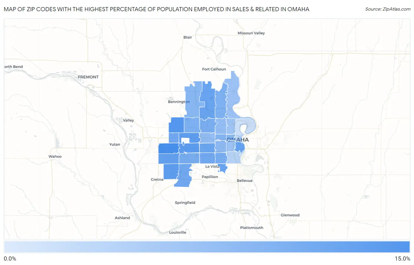 Zip Codes with the Highest Percentage of Population Employed in Sales & Related in Omaha Map