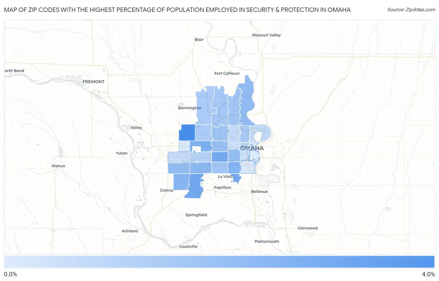 Zip Codes with the Highest Percentage of Population Employed in Security & Protection in Omaha Map