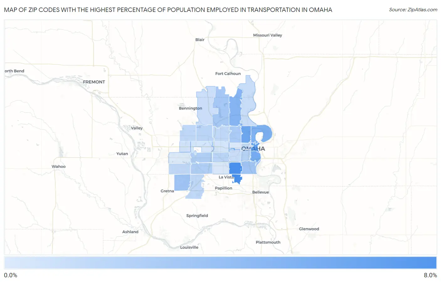 Zip Codes with the Highest Percentage of Population Employed in Transportation in Omaha Map