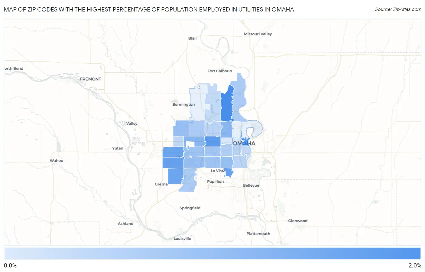 Zip Codes with the Highest Percentage of Population Employed in Utilities in Omaha Map