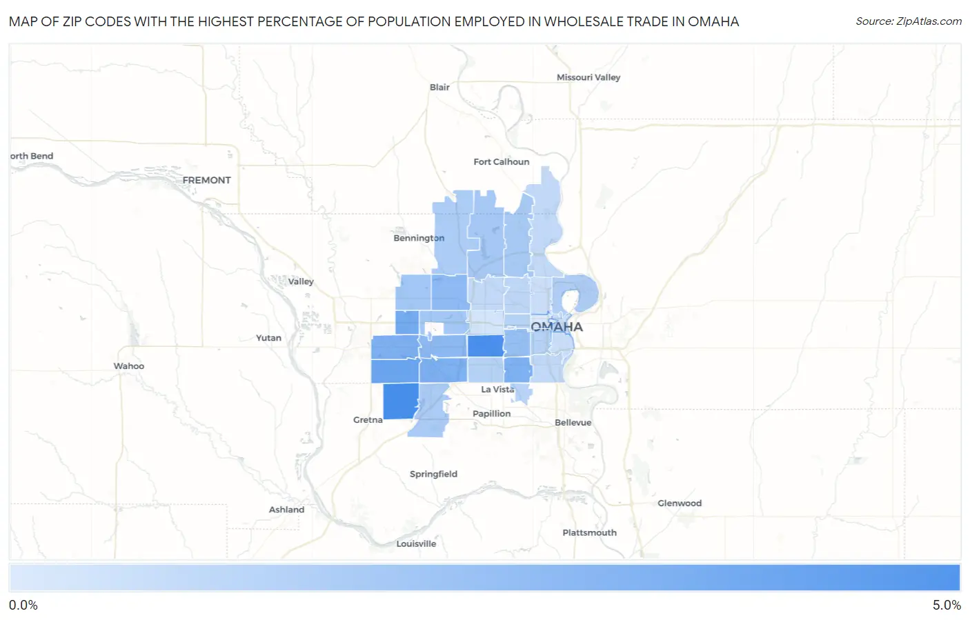 Zip Codes with the Highest Percentage of Population Employed in Wholesale Trade in Omaha Map