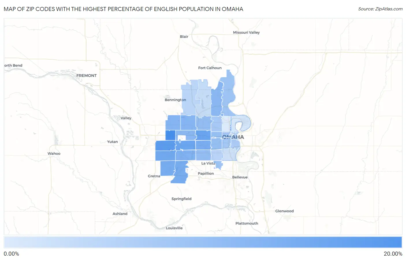 Zip Codes with the Highest Percentage of English Population in Omaha Map
