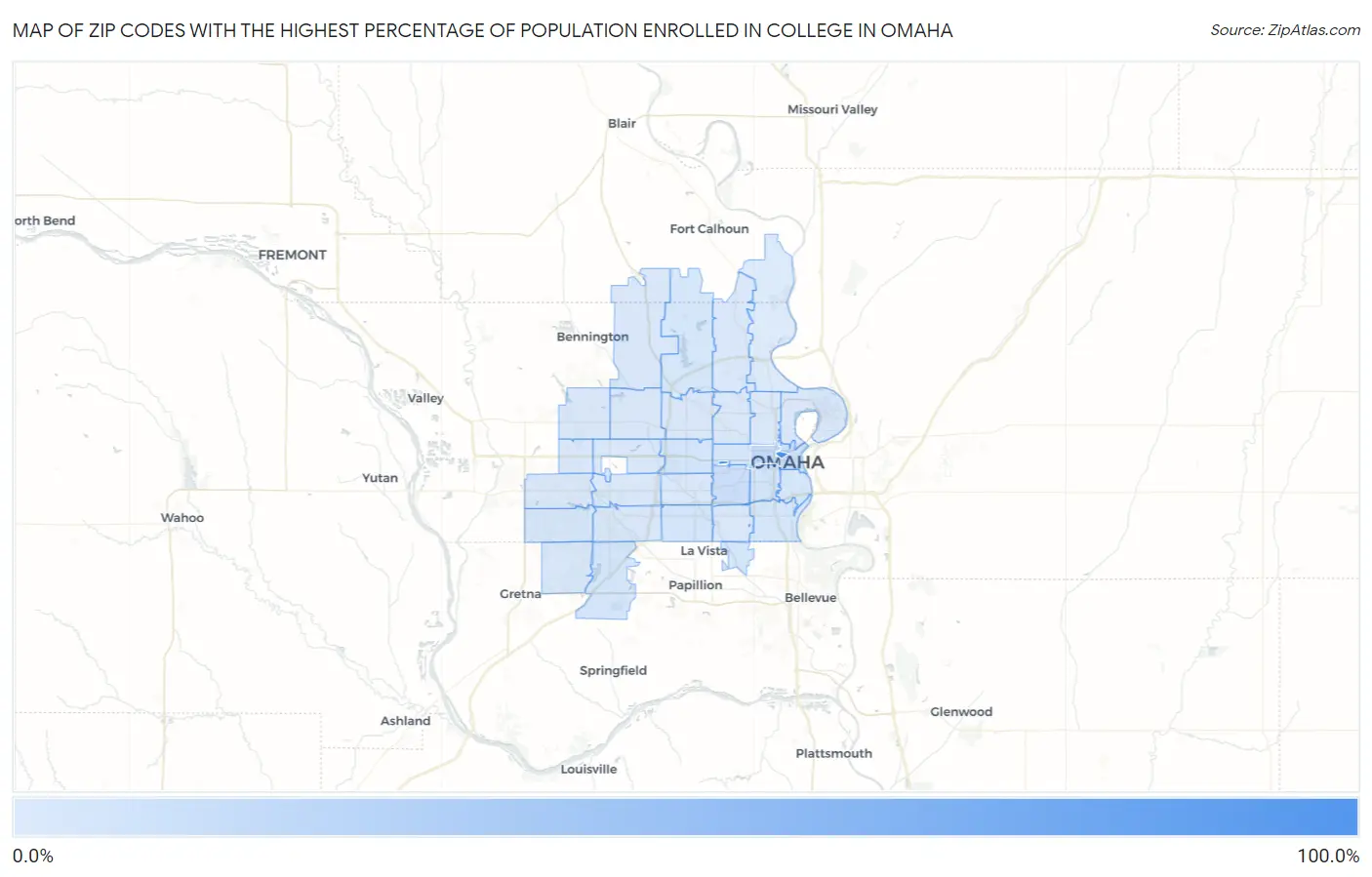 Zip Codes with the Highest Percentage of Population Enrolled in College in Omaha Map