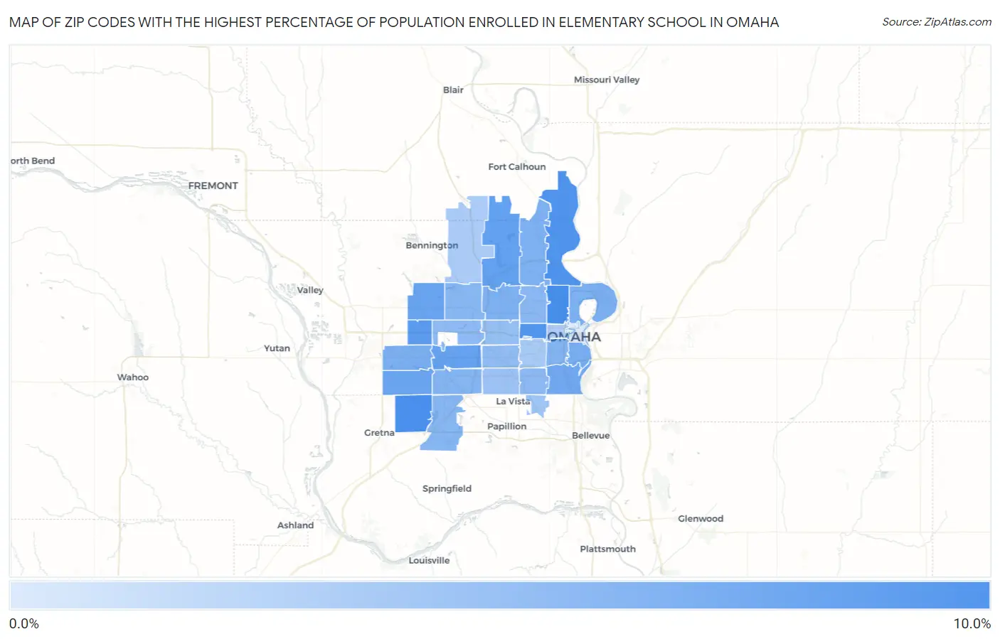 Zip Codes with the Highest Percentage of Population Enrolled in Elementary School in Omaha Map