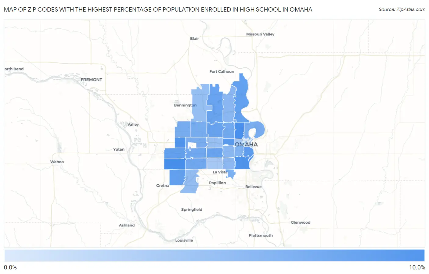 Zip Codes with the Highest Percentage of Population Enrolled in High School in Omaha Map